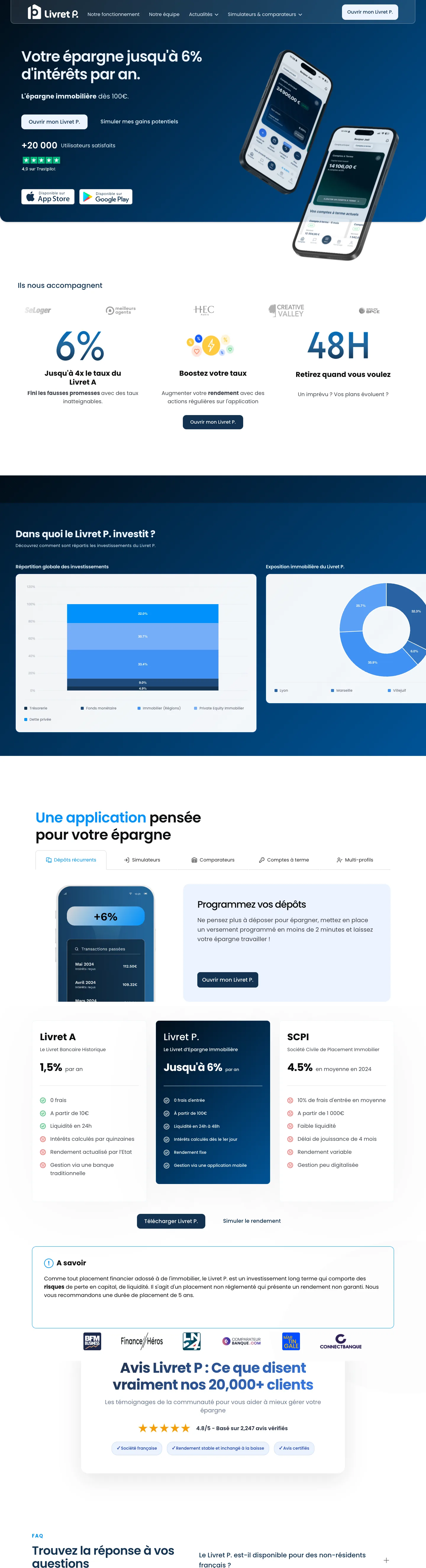 The livretp.fr home page, full length: the rate, the app, the comparison with other savings and the reviews.