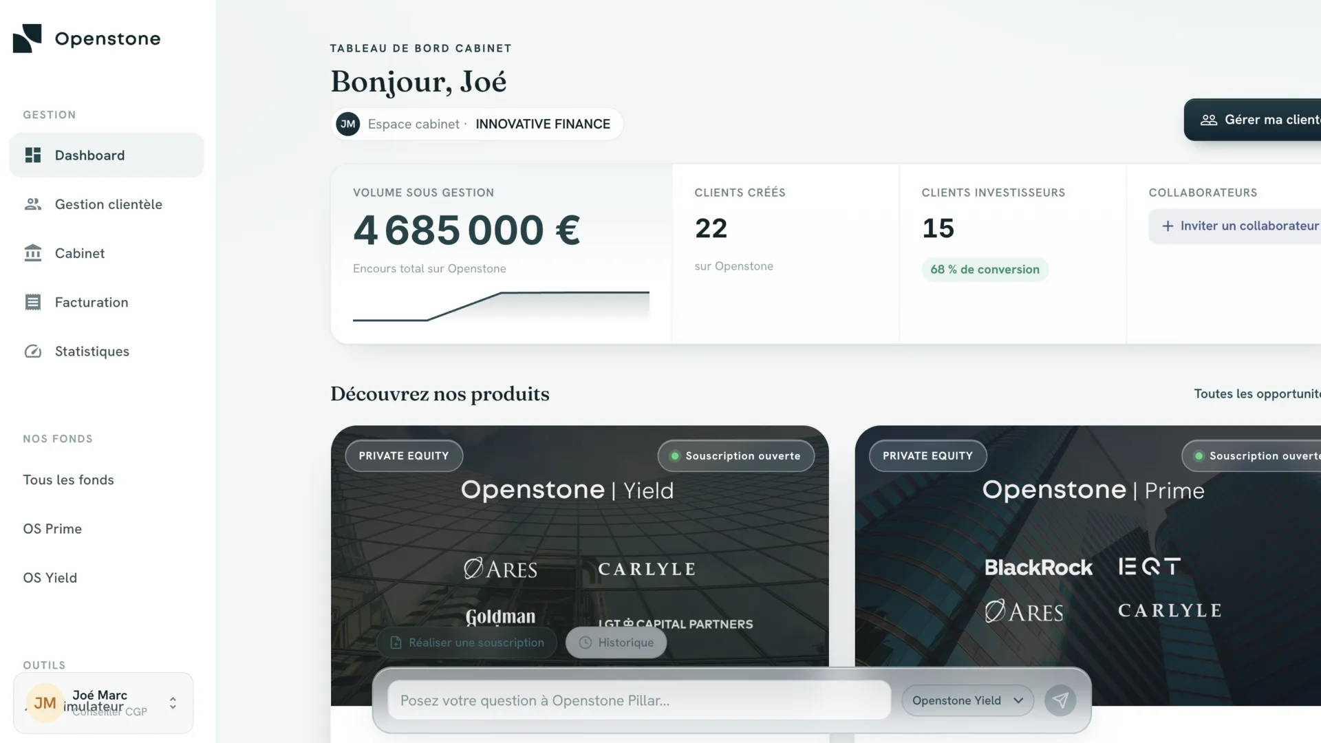 Advisor firm dashboard on the Openstone platform: assets under management, clients, and the open funds (demo account).